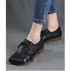 Simple Lace Up Flat Feet Shoes Black Cowhide Leather Hollow Out Penny Loafers