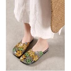 Green Cowhide Leather Hollow Out Slide Sandals For Women