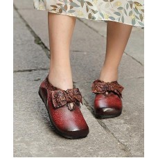 Red Flat Shoes Cowhide Leather Fashion Splicing Flat Shoes