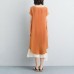 fashion linen sundress plus size False Two-piece Short Sleeve Orange Plain Dress