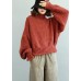 Comfy  red knit tops fall fashion high neck lantern sleeve top